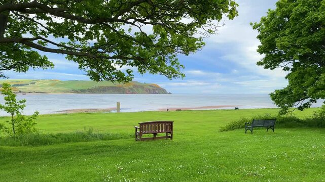 Wooden Bench with Panoramic View of a Coastal Landscape