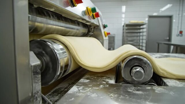 Commercial dough machine smoothly rolling and flattening bread dough in a professional bakery setting.