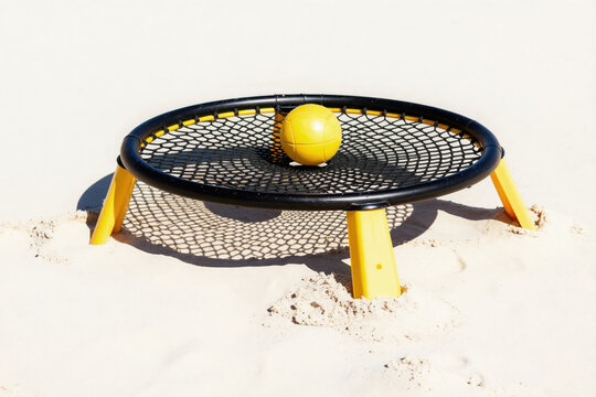 Spikeball game equipment sits on sandy beach. Yellow ball rests on black net trampoline. Sunny day implies outdoor fun, summer vacation activity. Beach recreation setup.