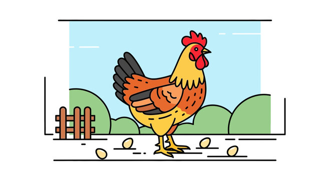 Cute Chicken Standing in Farmyard with Eggs and Fence, Cartoon Style