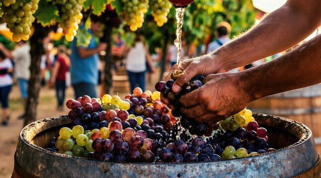 Man washes ripe grapes in large wooden barrel at outdoor wine festival. People enjoy local drinks amid vineyard. Harvest season celebration with vine fruit.