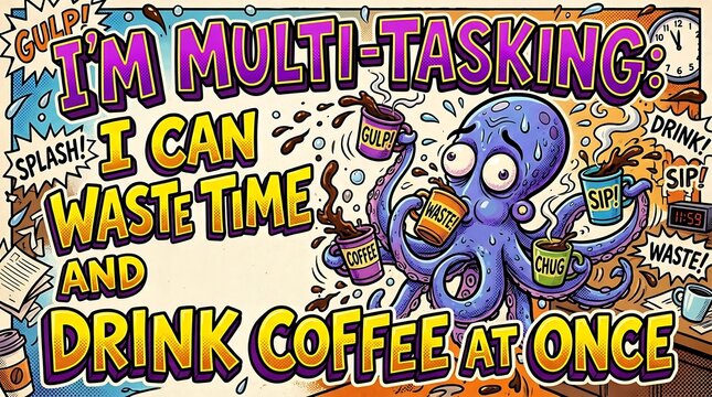 Multitasking Octopus: A stressed octopus juggling coffee cups and documents, illustrating the chaos of multitasking with a humorous twist on wasting time and drinking coffee simultaneously.