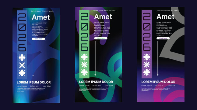 Vertical web banners featuring colorful abstract gradients with bold typography and geometric shapes designed for modern marketing campaigns on mobile devices and social media platforms