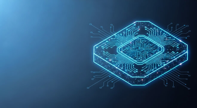 A 3D rendering of a quantum computing chip showcasing intricate glowing circuits on a sleek blue background.