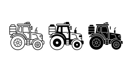 Farm Tractor Icons Set: Agricultural Machine Vector Graphics, Rural Vehicle Illustrations, Farming Equipment Line Art and Silhouette © Shaheda