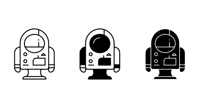 Astronaut Helmet Icons Set, Space Explorer Visor Vector Graphics, Sci-Fi Cosmonaut Headgear Illustrations