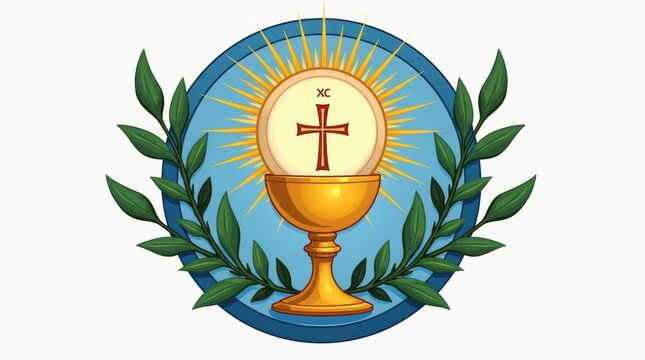 Christian holy communion chalice with sacred host and cross inside a circular emblem decorated with green olive branches