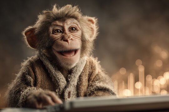Ape's exuberant laptop discovery in a bright room. Crypto tradin