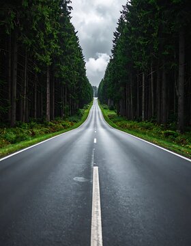 A long, straight road lined with tall trees on both sides