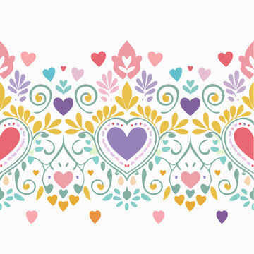 Colorful Folk Art Heart Border with Floral Motifs