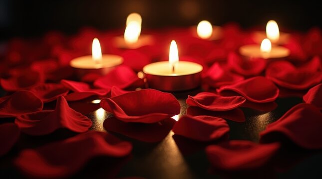 Small tea light candles glowing with many red rose petals scattered on a dark table for a romantic evening setting