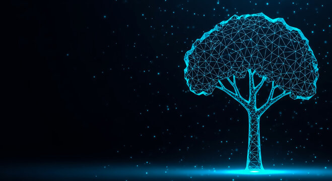 A stylized digital tree with intricate glowing blue lines stands against a dark, starry night sky, giving a futuristic and serene vibe.