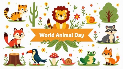 Fototapeta premium Cute cartoon animal set for World Animal Day celebration with lion tiger fox raccoon toucan snail and frog characters