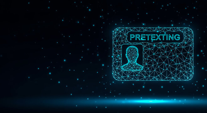Abstract digital illustration of pretexting in cybersecurity, featuring a glowing card with a networked human silhouette, emphasizing identity and data protection.
