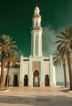 Ornate mosque facade with a towering minaret and palm trees stands against a dark turquoise sky for architectural travel, Islamic heritage and global tourism themes