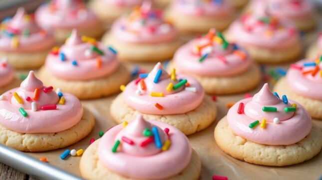 Fresh baked sugar cookies with pink frosting and colorful sprinkles arranged on a metal baking sheet