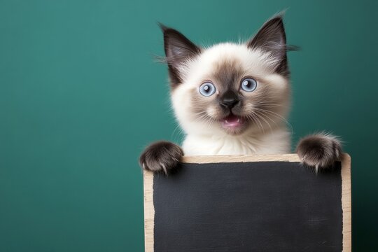 Cat mockup banner. &ETH;&iexcl;ute cat birman hold in front paws a design