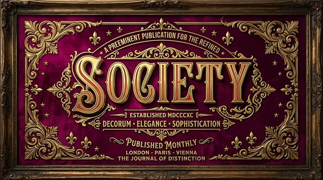 Timeless Elegance: Society Signage: A vintage sign exudes sophistication, featuring ornate gold lettering against a deep burgundy velvet background.