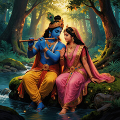 Obraz premium Divine couple Radha and Krishna seated by stream in sunlit forest. Krishna plays flute, Radha looks on lovingly. Their eternal love story unfolds in a peaceful, natural setting.