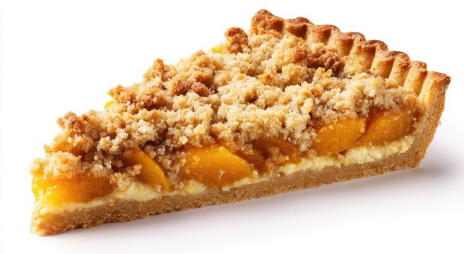 Delicious Slice of Peach Crumble Pie on White Background.