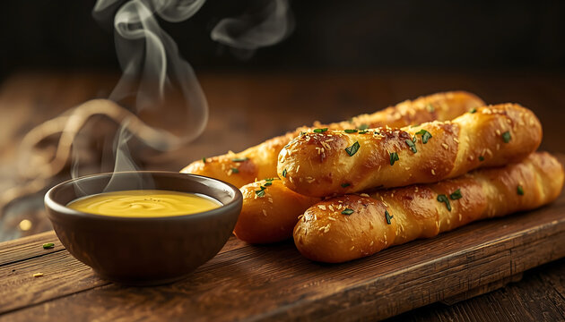 Freshly baked garlic bread sticks served with mustard sauce
