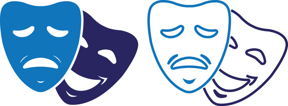 Masquerade theater mask icon set collection, comedy and tragedy drama symbols vector pack in solid outline and colorful styles for cinema acting entertainment carnival design