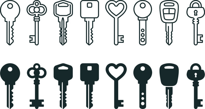 Assorted collection of metal door keys and car fobs in black and white silhouette style for security and access control