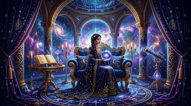 Mystical Oracle of the Cosmos: A woman adorned in an ornate, celestial-patterned gown sits upon a plush velvet chair, her hand cradling a glowing orb.