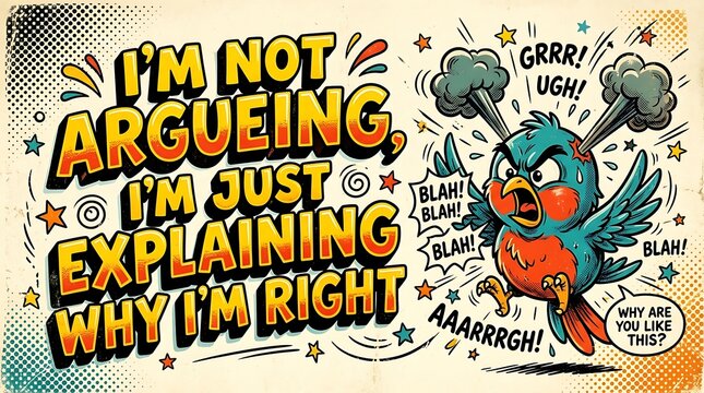 Explaining Why I'm Right: A comical, angry cartoon bird is shown with steam coming out of its ears, next to bold text that reads I'm Not Arguing, I'm Just Explaining Why I'm Right.