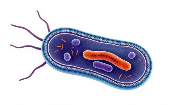 Single bacterium cell with flagellum shown in cross-section. Features include nucleoid ribosomes and outer membrane. Minimalist 3D science illustration on white.