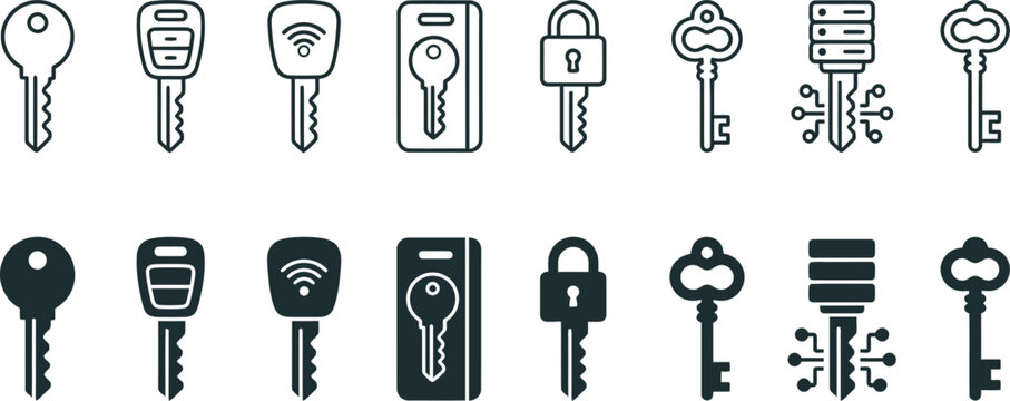 Assorted modern and antique key including car fobs and server keys in black and white style for digital and physical security