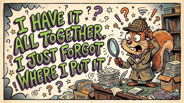 A Forgetful Detective Squirrel: A whimsical illustration depicting a flustered squirrel dressed as a detective, searching for a misplaced item amidst a chaotic desk and piles of documents.