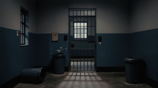 Abandoned jail cell interior with barred door and window. Metal bars cast shadows on concrete floor. Two trash bins are present in the empty, dark room.