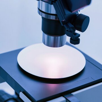 Silicon semiconductor wafer on a microscope stage for quality inspection and microelectronics manufacturing for chip fabrication, research and technical engineering