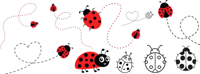 ladybug set. Vector dotted or polka dot pattern. Let spring begin. ladybug sign represents protection, resistance, luck and prosperity, but also symbol of senseless violence. on transparent background © MR Vector Store