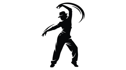 Obraz premium Black silhouette of a dancing man in dynamic pose with hat and flowing fabric, isolated on white background, energetic and carefree