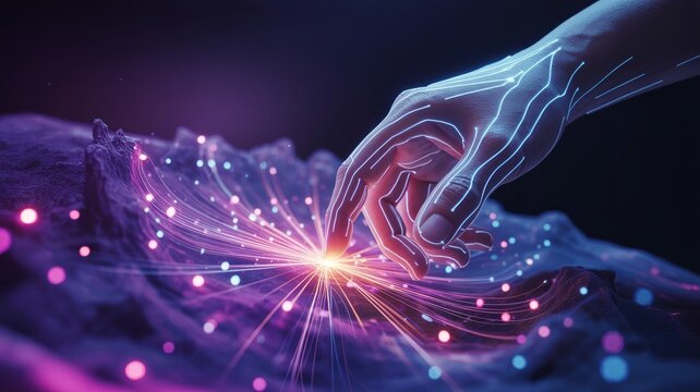 Advanced technology concept showing a human hand touching a glowing network of data and light