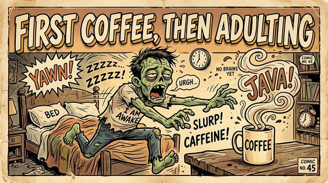 First Coffee, Then Adulting: A zombified figure stumbles out of bed, groggy and sleep-deprived, reaching desperately for a steaming mug of coffee to face the day's challenges.