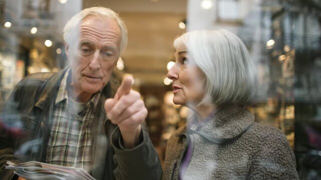 Senior couple curiously examining city attractions. Older woman and man peering into shop window, likely planning their sightseeing itinerary. Experiencing travel, discovery and shared moments.