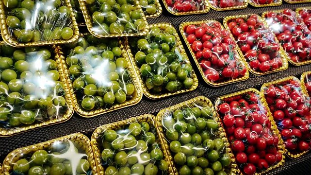 Fresh green olives and red cherry tomatoes arranged in transparent packaging on display at a market, showcasing vibrant colors and appealing presentation for shoppers