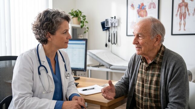 Senior Patient Consulting with Female Doctor in Medical Office