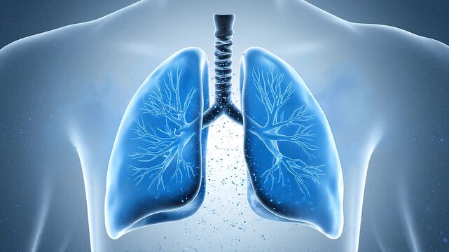 Serene 3D animation of translucent human lungs expanding and contracting with glowing oxygen particles flowing through the bronchi on a soft blue gradient.