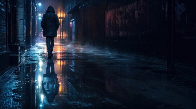 Cybersecurity threat with hooded figure reflection showing AI deepfake digital deception