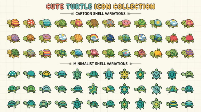 Collection of cute cartoon turtles with various colorful shell patterns