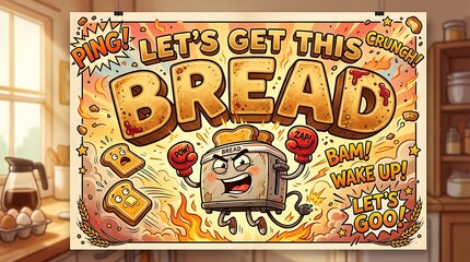 Obraz premium Toaster Fighting for Breakfast: A whimsical illustration depicts a determined toaster, boxing gloves on, ready to toast bread with energetic sound effects like PING! and CRUNCH!.