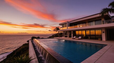 Obraz premium Luxury villa with infinity pool overlooks ocean at sunset. Modern architecture home offers serene coastal views and tranquil waters. Tropical paradise setting for dream vacation.