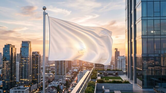 White flag drifts above glowing skyline; surreal ceremony of peace and surrender, duality of fragility and resilience, abstract echoes of heritage, identity, and collective silence.