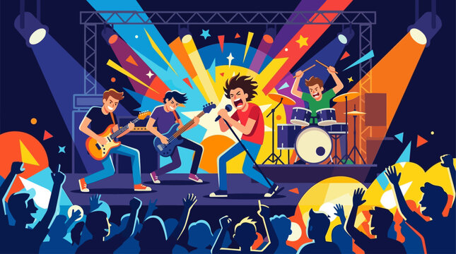This flat design vector illustration captures the raw energy of band musicians performing dynamically on a grand stage at a music festival. Enthusiastic festival visitors cheer.