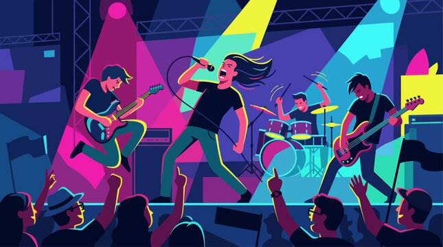 This flat design vector illustration captures the raw energy of band musicians performing dynamically on a grand stage at a music festival. Enthusiastic festival visitors cheer.