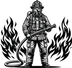 Fototapeta premium Firefighter With Hose And Flames Black And White Vector Illustration